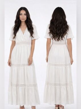V-Neck White Maxi Dress with Lace Trim